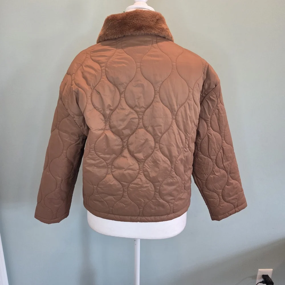 OFFLINE by Aerie Real Luxe Quilted Puffer Jacket Faux Fur Collar Brown Small - Picture 5 of 12